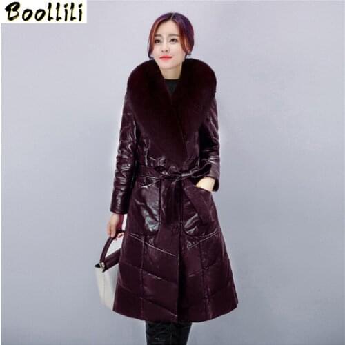 Boollili Womens Down Jackets Warm Thick Winter Coat Female Fur Collar Leather Jacket Slim Womens Fur Coat Jaqueta Couro