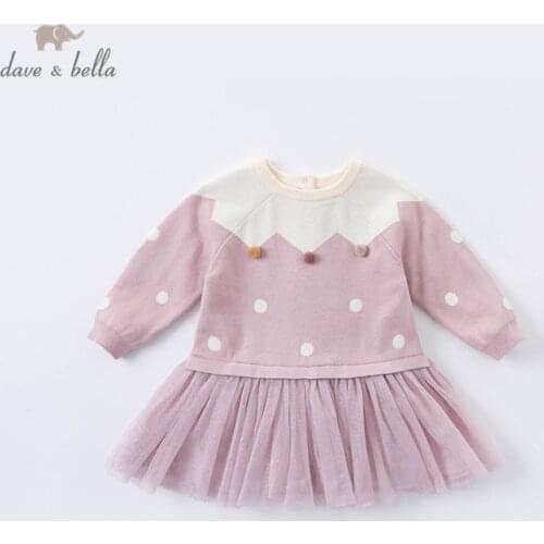 DBZ15306 dave bella autumn baby girls cute ball dots mesh sweater dress children fashion party dress kids infant lolita clothes