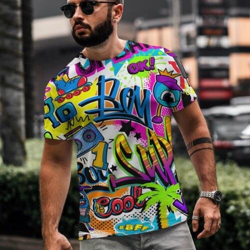New Summer Fashion Top Graffiti Letters Cartoon Geometric Mens 3d T-shirt Street Painting Men Round Neck Tshirt Tops