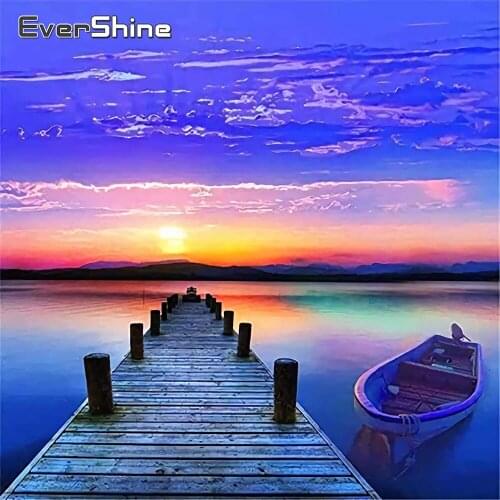 EverShine Full Drill Square Diamond Painting Landscape Diamond Embroidery Sunset Picture Mosaic Ship Cross Stitch Wall Art