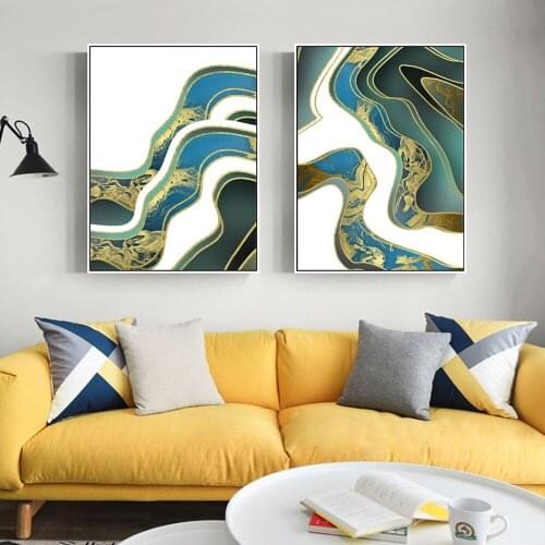 Modern Abstract Blue Green Gold Foil Canvas Art Paintings For Living Room Bedroom Posters And Prints Wall Poster Home Decoration
