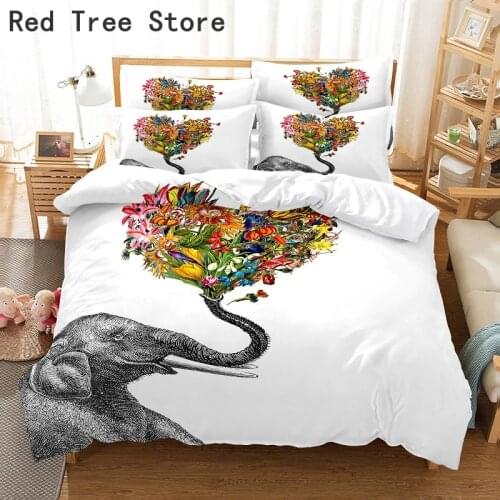 Bedding Set White Duvet Cover Sets 3d Elephant Flowers Digital Printing Bed Linen Doubel Queen Size 200*200cm Kids Animal Design