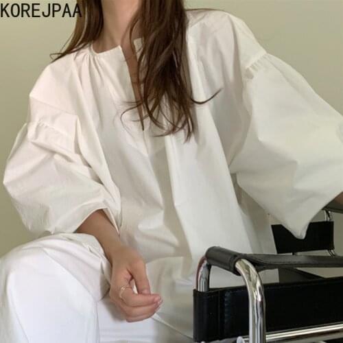 Korejpaa Women Shirt 2021 Summer Korean Simple Niche Chic Neckline Hedging Loose Solid Color Lantern Sleeve Oversize Blouses