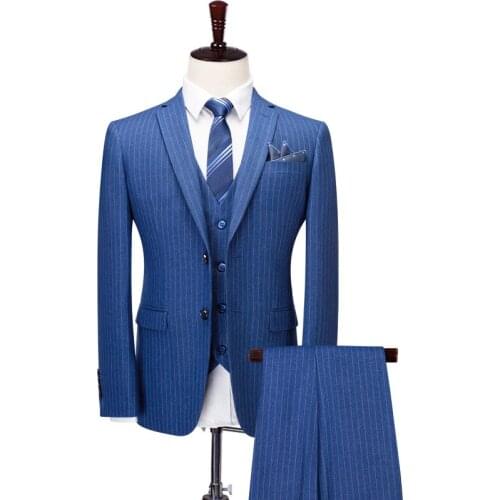 Mens suits set formal business wear wedding groom suits blue stripe 3pcs blazer vest pant plus size single breasted