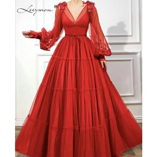 Leeymon Elegant Tulle V Neck Evening Dress A-Line Puff Sleeves Appliques Floor Length Party Dress robe de soiree Custom Made