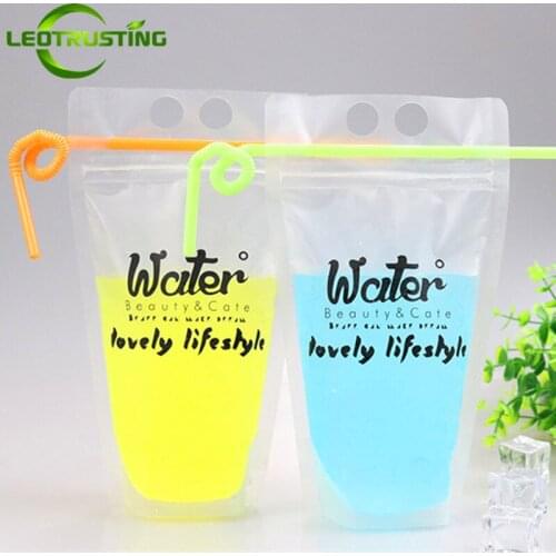 Leotrusting 50pcs 450-500ml Frosted Plastic Drinking Packaging Bag Beverage Juice Coffee Bag with free 50pcs Straws Together