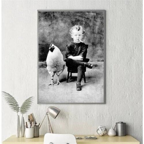 Boy Smoking With Chicken Poster Black And White Canvas Print Vintage Photography Painting Wall Art Pictures Kids Room Decoration