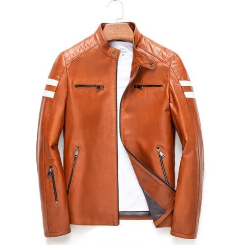 Genuine Leather Jacket Men First Layer Sheepskin Stand Collar Contrasting Color Stitching Slim Short Motorcycle Mens Outerwear