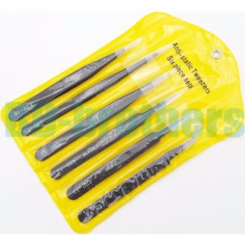 0.8mm / 1.6mm 6 in 1 Black Tweezers Antistatic Stainless Steel Nipper ESD 10 11 12 13 14 15 Tweezers Kit 100sets/lot