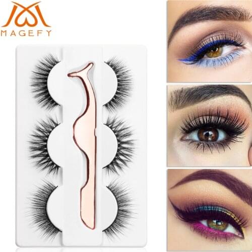 3 Pairs Mink Hair Mixed False Eyelashes With 1pcs Rose Gold Color Tweezer Handmade Natural 3d Mink Lashes faux cils magnetique