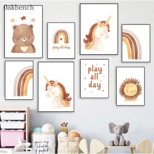 Unicorn Wall Art Posters Nursery Print Rainbow Canvas Painting Lion Art Prints Bear Poster Nordic Wall Pictures Kids Room Decor