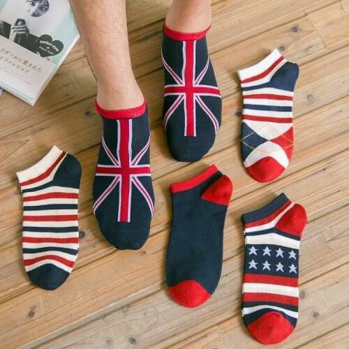 5 Pairs Mens Fashion National Flag Cotton Sock Slippers Breathable Male Non-Slip Invisible Boat Socks Striped Ankle Socks Meias