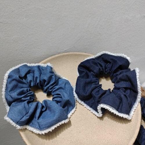 New Arrived Women Denim fabric korea style Hair Bands Bead trim Scrunchies Girls fashion Accessories Ponytail Holder