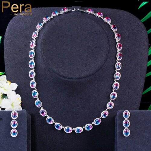 Pera Gorgeous Rainbow Oval Cubic Zirconia Link Bridal Wedding Necklace and Earrings Round Chocker Jewelry Sets for Women J424