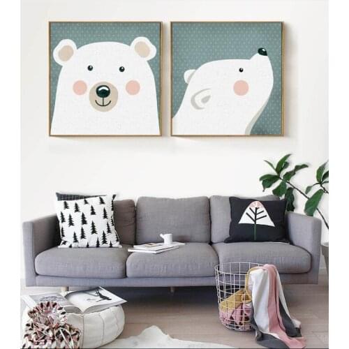 Modern Nordic Style Abstract Cartoon Lovely Polar Bear Posters Home Decor Animal Canvas Painting Wall Picture for Living Room