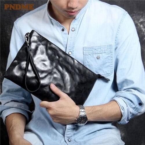 Fashion genuine leather mens womens black clutch bag casual pleated luxury real cowhide phone wallet designer envelope bag