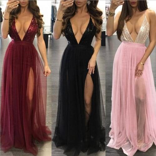 XLFZ-L83#Evening Dress Long Split deep V-neck Black Red Wine Sequins