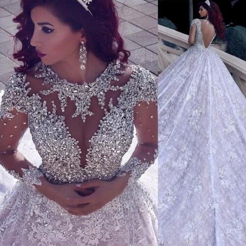 YIWUMENSA Crystals Full Beaded Ball Gown Wedding Dresses Illusion Tulle Long Sleeves Bridal Gowns Custom Made Robe De Marriage
