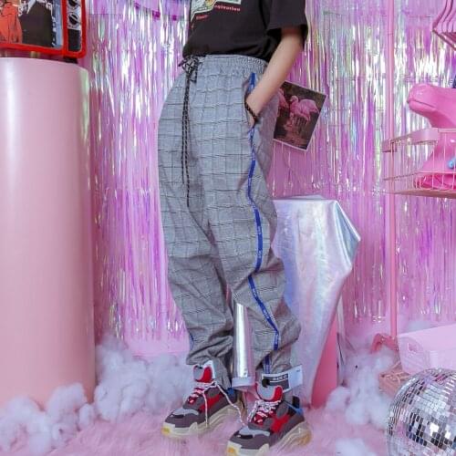 Jasmine high waist drawstring hip hop Street hit color lattice side letter ribbon upon BF casual pants for men and women