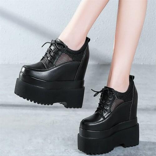 2021 Summer Casual Shoes Women Genuine Leather Wedges High Heel Ankle Boots Female Lace Up Round Toe Chunky Platform Pumps Shoes