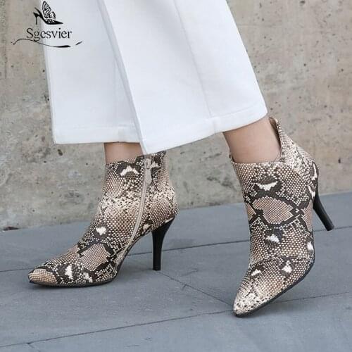 Sgesvier Snake Skin Pu Ankle Boots Women High Spike Heels Booties Female Party Shoes Ladies Pointy Toe Shoes Women Autumn