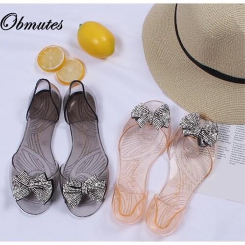 Womens Summer Jelly Flats Beach Shoes Rhinestones Beads Bowknot Crystal Sandals