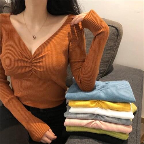 Sexy V Neck Women Sweater Winter Autumn Knitted Pullover Jumper Chic Soft Korean Slim Long Sleeve Female Basic Top New 2021