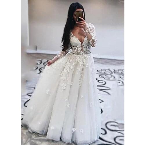 Charming Long Sleeve Wedding Dresses With Crystal Appliqued A Line Bride Gowns Soft Tulle Backless Customized Wedding Dress