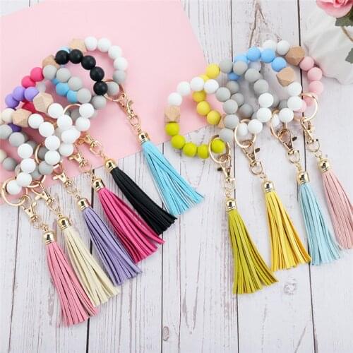 1pcs Silicone Wood Beads Keychain For Keys Wristlet Bracelet Pendant Keyring For Women Tassel Charms Keychain Accessories