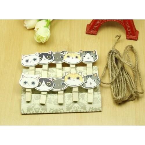 10pcs/lot Zakka Cute Cat Head Clip With Rope Message School And Office Suppiles For Photo Room Decorations