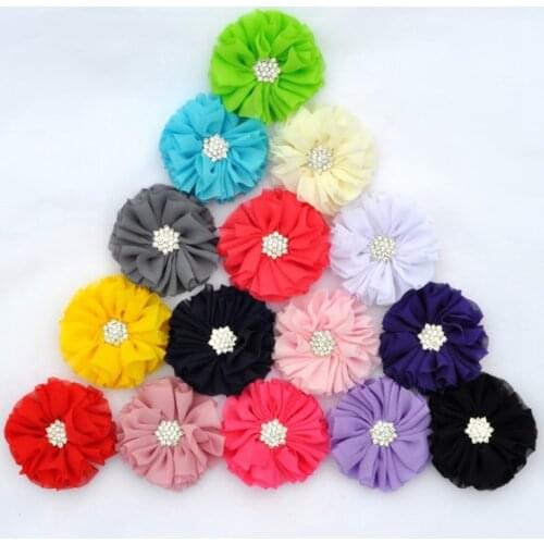 10pcs/lot 6.5cm 15colors Hair Clips Fluffy Ballerina Chiffon Flowers+Rhinestone Button Artificial Fabric Flowers For Headband