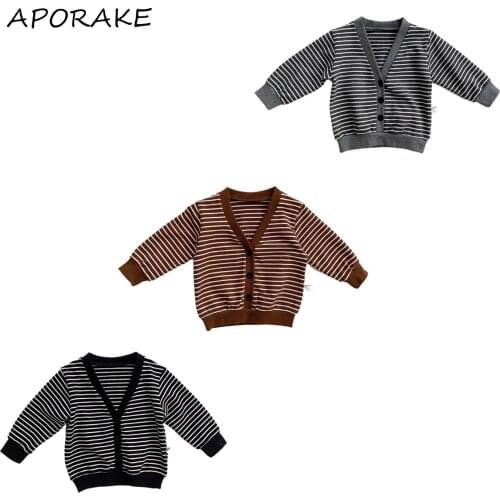 2021 0-4Y Casual Toddler Baby Boys Girls Coats Striped Print Button Fly V Neck Long Sleeve Knitted Top Jacket Cardigan