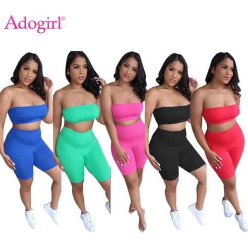 Adogirl Women Solid Two Piece Set Strapless Crop Top Shorts Summer Fashion Tracksuit Comfortable Home Apparel