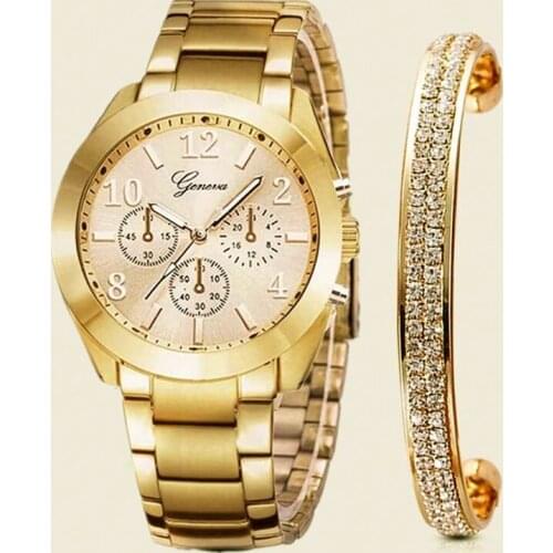 Watch+Bangle for Women 2pcs/set Bracelet Watches for Women Fashion Luxury Simple Gold Watch Jewelry Set Gift Relojes Para Mujer
