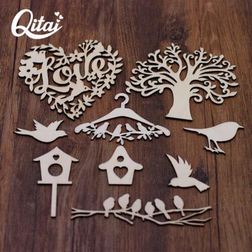 QITAI 28PCS/SET Wooden Family Tree Set With Birds And Cages Love Word DIY Scrapbooking Crafts Home Decoration Accessories WF314