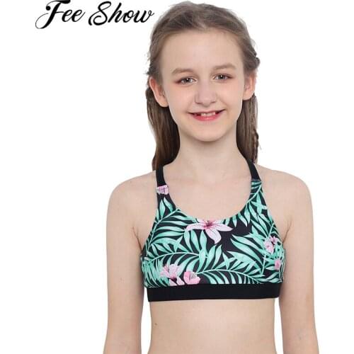 Kids Girls Gym Sport Tops U Neck Sleeveless Print Dance Crop Top Backless Straps Criss Cross Back Top for Gym Workout Activewear