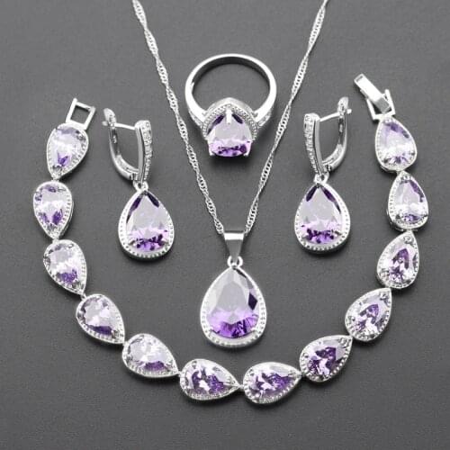 Purple Zircon Necklace Earrings Sets Silver 925 Jewelry Set for Women Free Gift Ring Necklace Pendant Wedding Jewelry