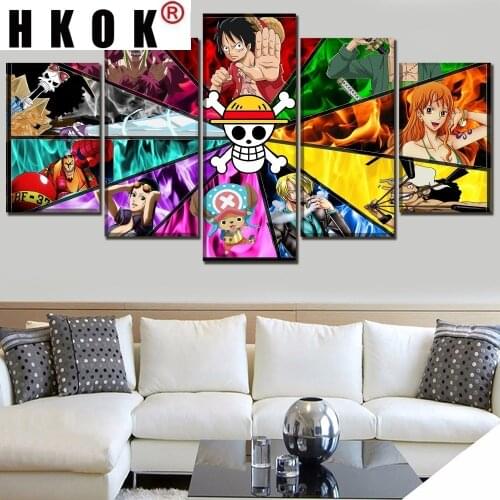 HKOK 5 Pieces Canvas Paintings Posters Prints Top-Rated One Piece Character Anime Sofa Wall Art Pictures Home Decor Living Room