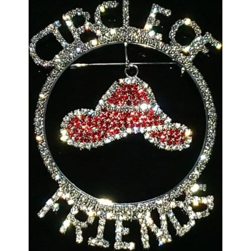 Crystal Handmade Jewelry "Circle of Friends with a Red Hat " Words Brooch Pin Blingbling Unique Gift for Red Hat Society Ladies
