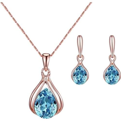 Women Water Drop Shape Rhinestone Jewelry Set Pendant Necklace Ear Stud Earrings Sets