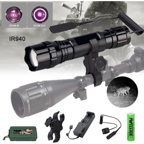 Zoomable Focus IR940nm LED Infrared Radiation IR Flashlight Lamp Night Vision Torch Rifle Scope Mount Remote Switch 18650