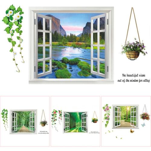Mountain water natural scenery 3d fake window vinyl wall stickers home decoration flower vine landscape poster wallpaper 90*60cm