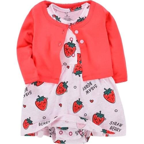 2020 New Baby Girls Dress 2pcs/sets Cotton Jumpsuit Short Sleeved Dress + Coat Newborn Flower Pink Fruit Toddler Kid Clothes