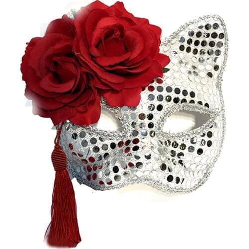 Luxury Venetian Masquerade Mask Women Girls Sexy Red Roses Tassel Cat Eye Mask for Fancy Dress Christmas Halloween Party Masks