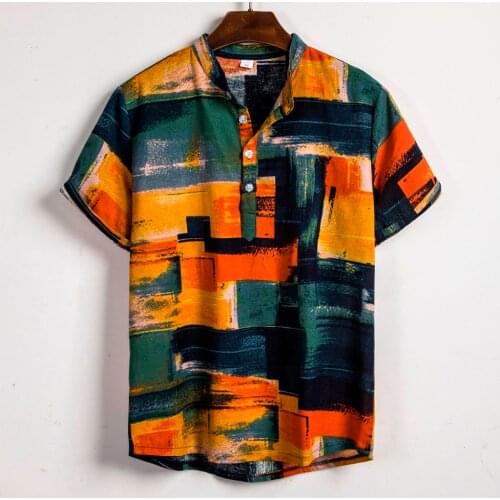 Fashion Casual Colorful Mens Cotton Linen Shirt Loose Printed Short Sleeve Hawaiian Summer Buttons Tee shirt Hot 2021 футболка
