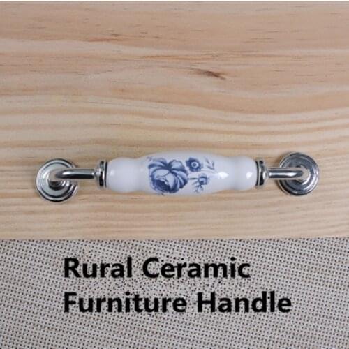 128mm fashion rural blue flower ceramic kitchen cabinet wardrobe door handle chrome porcelain cupboard bathroom cabinet pull 5"