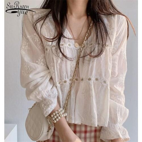 Chic Spring Hollow V-neck Blouse Women Fashion Flower Loose Ladies Shirt Korean Sweet Long Sleeve White Tops Blusas Mujer 13037