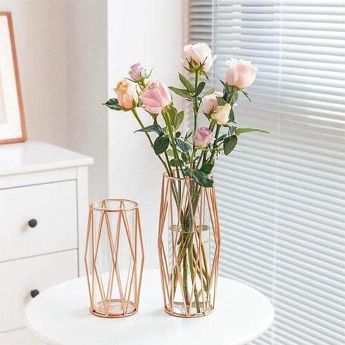Glass Flower Vase with Geometric Metal Holder,Rose Gold Metal Holder Vase,Flower Vase Bouquet for Living Room/Wedding