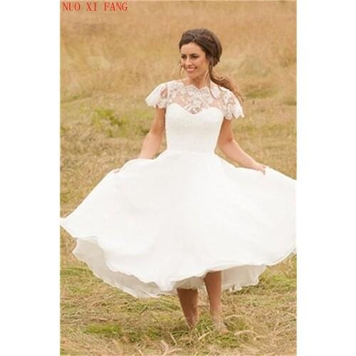 2020 High Neck Turkey Appliques Boho Wedding Dress Short Wedding Gowns Vestido De Noiva Bride Dresses Robe De Mariee