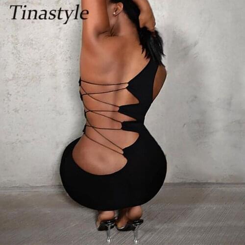 Tinastyle Backless Cross Bandage Sexy Party Dress Women Summer 2021 One Of Shoulder Bodycon Mini Dress Short Dresses Vestidos